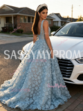 V Neck A Line Flower Backless Light Blue Tulle Prom Dress
