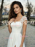 Cap Sleeve Sweetheart Lace A Line Tulle Wedding Dress With Slit