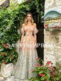 Pink Off The Shoulder Print Floral Tulle Prom Dress