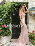 Off The Shoulder Tulle Ruched Sequin Pink Prom Dress