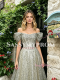 Off The Shoulder Beading Tulle Green A Line Prom Dress