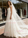 V Neck Lace A Line Sleeveless Sweep Train Wedding Dress