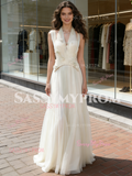 Halter A Line Tulle Flowers Wedding Dress