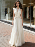 Halter A Line Tulle Flowers Wedding Dress
