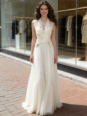 Halter A Line Tulle Flowers Wedding Dress