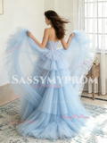 Strapless Tulle Flowers A Line Detachable Train Blue Prom Dress
