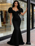 Sweetheart Satin Trumpet Mermaid Puffy Sleeve Black Prom Dress