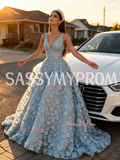 V Neck A Line Flower Backless Light Blue Tulle Prom Dress