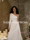 One Shoulder Beading A Line Cut Out Chiffon Wedding Dress