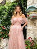 Pink Off The Shoulder Floral A Line Prom Dress