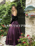 Long Sleeves Ball Gown Purple Satin Prom Dress