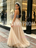 Beading Colorful A Line Champagne Strapless Tulle Prom Dress