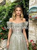 Off The Shoulder Beading Tulle Green A Line Prom Dress