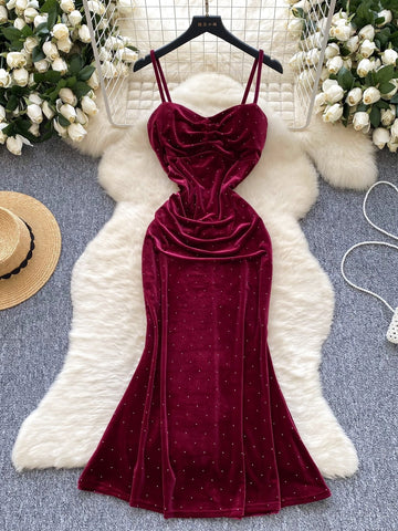 Glittering Burgundy Velvet Party Dress