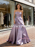 Lavender Purple Satin Ruched A Line Prom Dress
