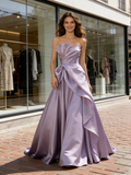Lavender Purple Satin Ruched A Line Prom Dress