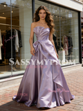 Lavender Purple Satin Ruched A Line Prom Dress