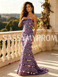 Purple Strapless Layers Sequin Trumpet Mermaid Prom Dress