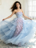 Strapless Tulle Flowers A Line Detachable Train Blue Prom Dress