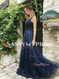 Navy Blue Jewel Tulle Sparkle A Line Prom Dress