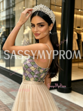 Beading Colorful A Line Champagne Strapless Tulle Prom Dress