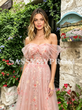 Pink Off The Shoulder Floral A Line Prom Dress