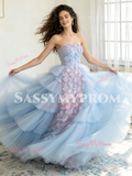 Strapless Tulle Flowers A Line Detachable Train Blue Prom Dress