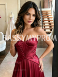 Red Sweetheart Pleated Satin A-Line Prom Dress
