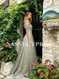 Off The Shoulder Beading Tulle Green A Line Prom Dress