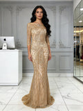 Scoop Trumpet Mermaid Gold Sequin Tulle Sparkle Prom Dress