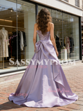 Lavender Purple Satin Ruched A Line Prom Dress
