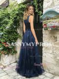 Navy Blue Jewel Tulle Sparkle A Line Prom Dress