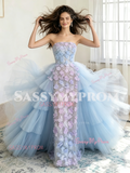 Strapless Tulle Flowers A Line Detachable Train Blue Prom Dress