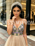 Beading Colorful A Line Champagne Strapless Tulle Prom Dress
