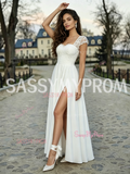 Cap Sleeve Sweetheart Lace A Line Tulle Wedding Dress With Slit