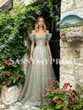 Off The Shoulder Beading Tulle Green A Line Prom Dress