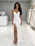 Spaghetti Straps Button Ruched A Line Wedding Dress With Slit