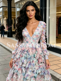 Long Sleeve V Neck Purple Flower A Line Prom Dress