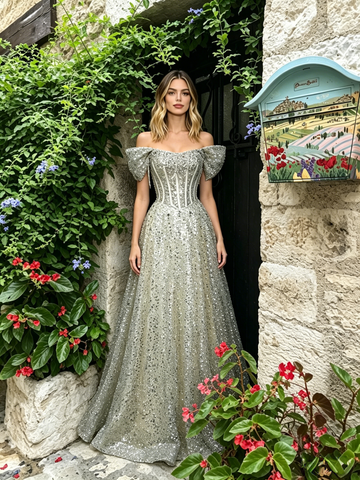 Off The Shoulder Beading Tulle Green A Line Prom Dress