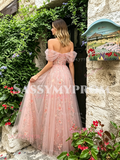 Pink Off The Shoulder Floral A Line Prom Dress