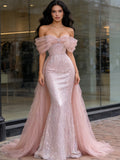 Off The Shoulder Pink Trumpet Mermaid Sparkle Prom Dress