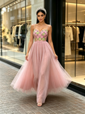 Pearls Tulle A Line Pink Spaghetti Straps Prom Dress