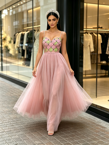 Pearls Tulle A Line Pink Spaghetti Straps Prom Dress