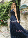 Navy Blue Jewel Tulle Sparkle A Line Prom Dress