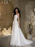 Satin Appliques Strapless A Line White Wedding Dress