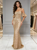 Gold Sequin Trumpet Mermaid Straps Puffy Sleeve Prom Dress