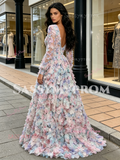 Long Sleeve V Neck Purple Flower A Line Prom Dress