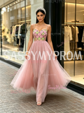 Pearls Tulle A Line Pink Spaghetti Straps Prom Dress