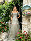 Off The Shoulder Beading Tulle Green A Line Prom Dress