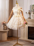 Lace Layer Knee Length Champagne Homecoming Dress